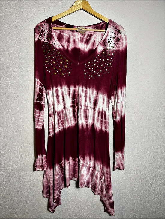 Vocal Dresses & Skirts - Vocal Women’s Tie Dye Tunic Top Burgundy Rhinestone Studded Y2K Boho Made USA
